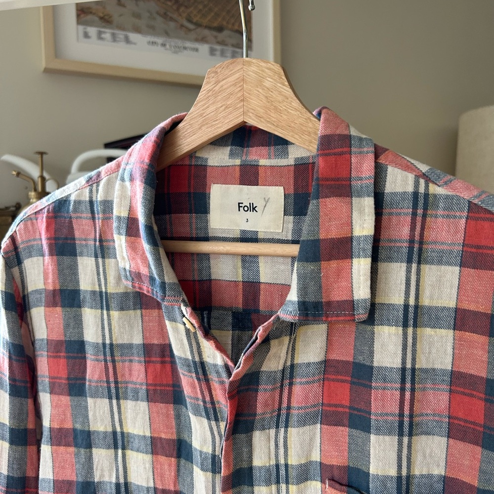 Folk Multicolor Plaid Button Down Shirt Cotton & Linen Size 3 (Medium)